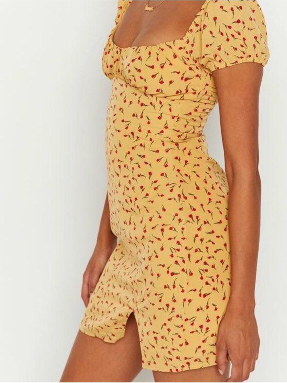 Beginning Boutique Yellow Mini Dress with Red Floral Print